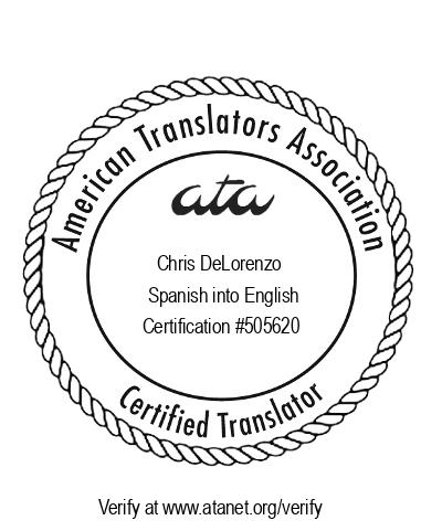 American Translators Association certified translator seal for Chris DeLorenzo, certification number 505620